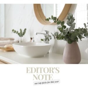 White color washroom's sink with a mirror and flower vase kept both the sides in San Diego